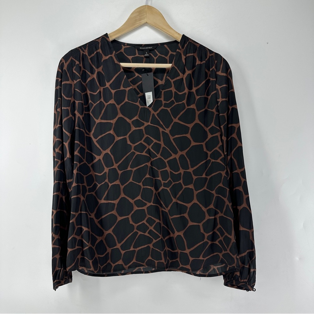 Banana Republic Soft Satin Smocked Blouse Black Giraffe Print
